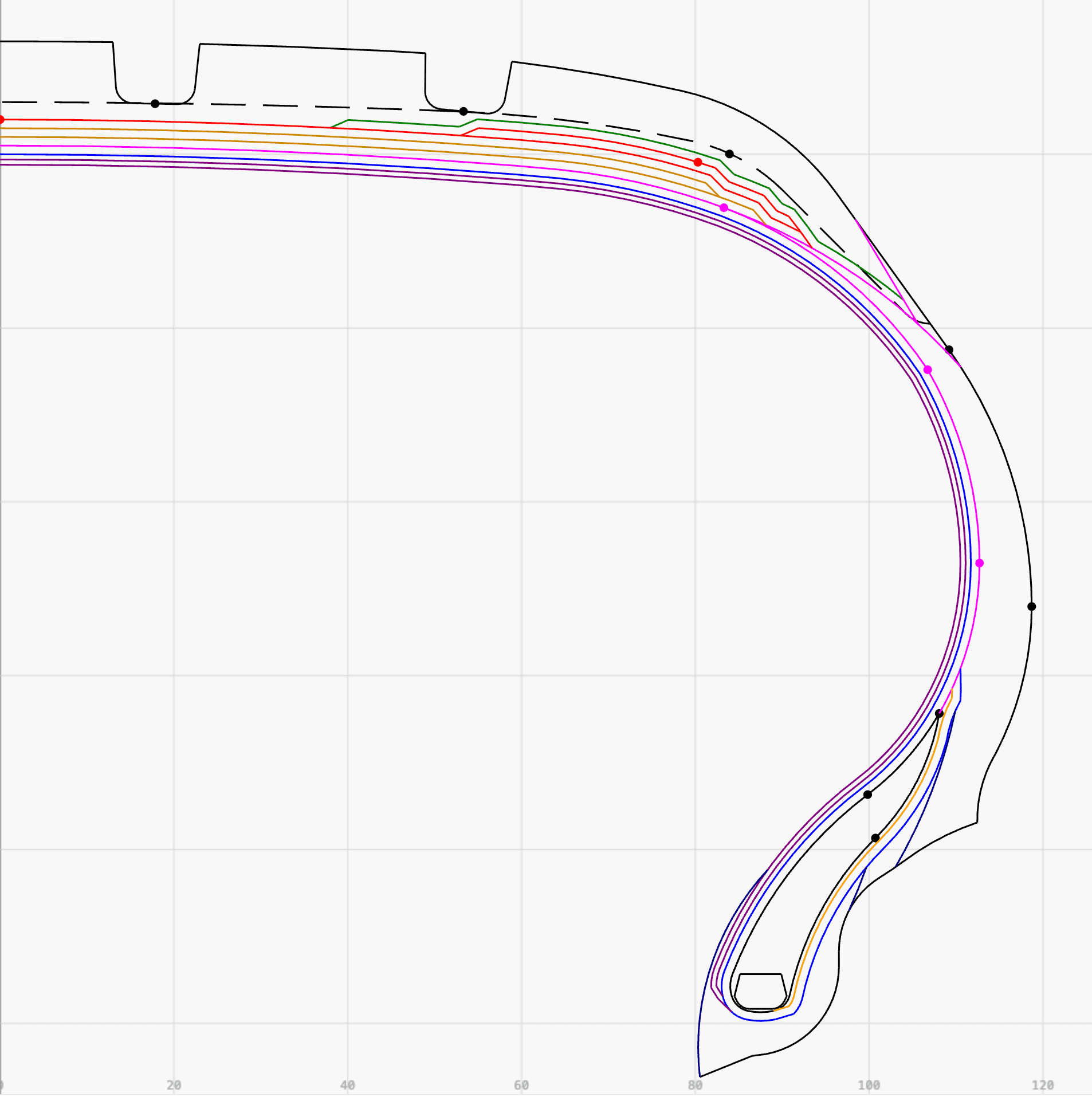 Digitized tyre section profile with construction layers generated by Section Designer +