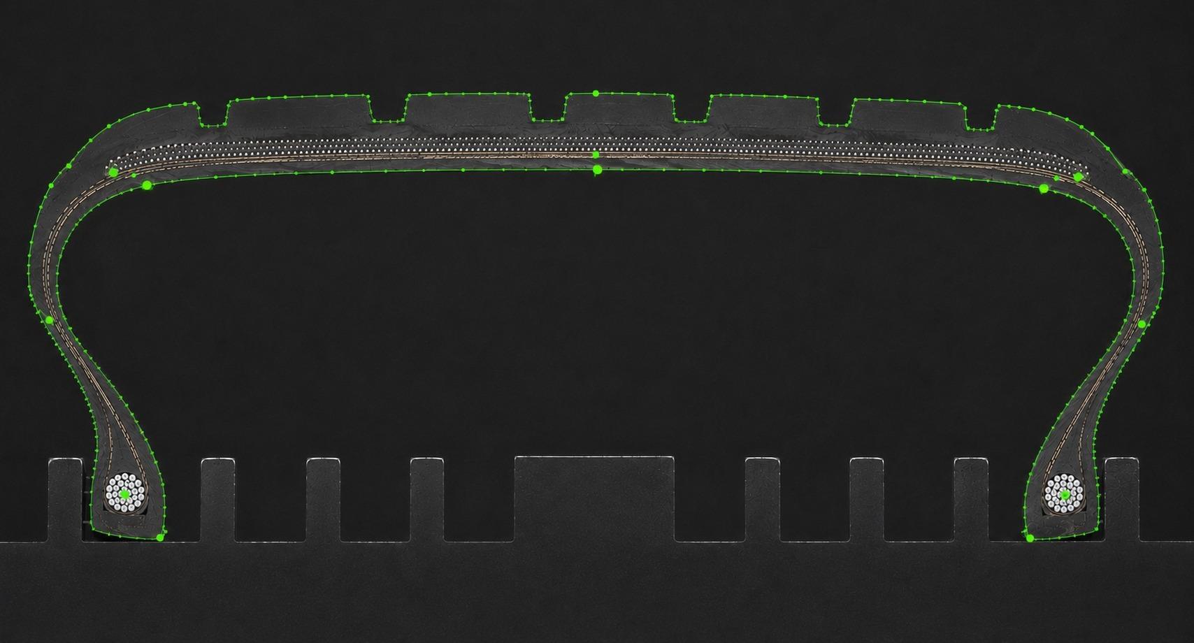 Same tyre cut-section with computer vision detection points overlaid on component contours