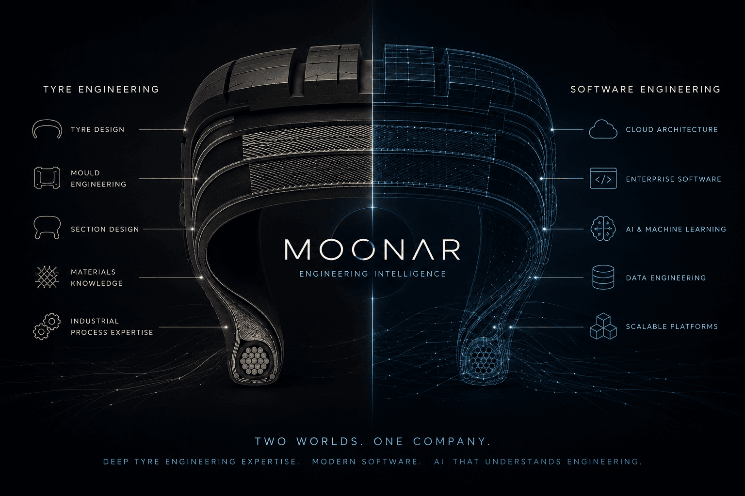 A tyre cross-section rendered in two halves: the left half as a detailed physical engineering model with tyre design, mould engineering, section design, materials and industrial process references; the right half transitioning into an abstract digital wireframe representing cloud architecture, enterprise software, AI and machine learning, data engineering and scalable platforms.