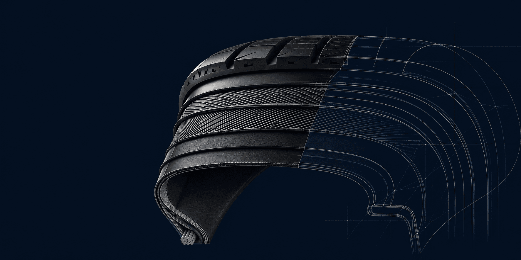Cutaway tyre illustration transitioning into a technical wireframe of its internal geometry