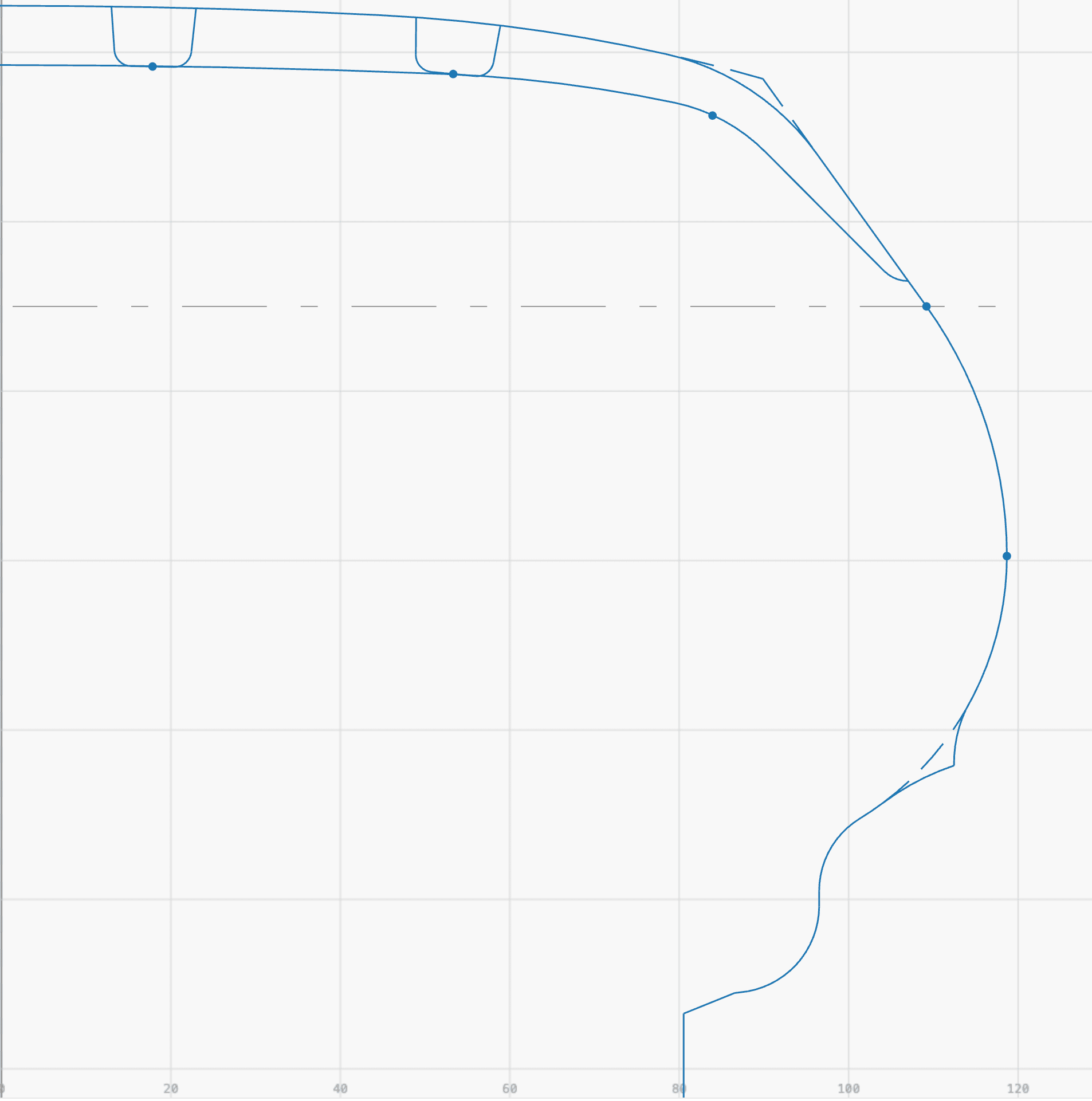 Detailed view of a tyre mould segment profile generated by Mould Designer +