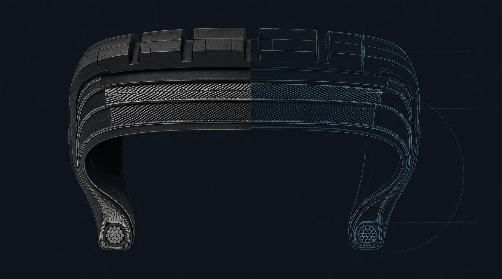 Cutaway tyre illustration transitioning into a technical wireframe, representing tAIre Designer Suite
