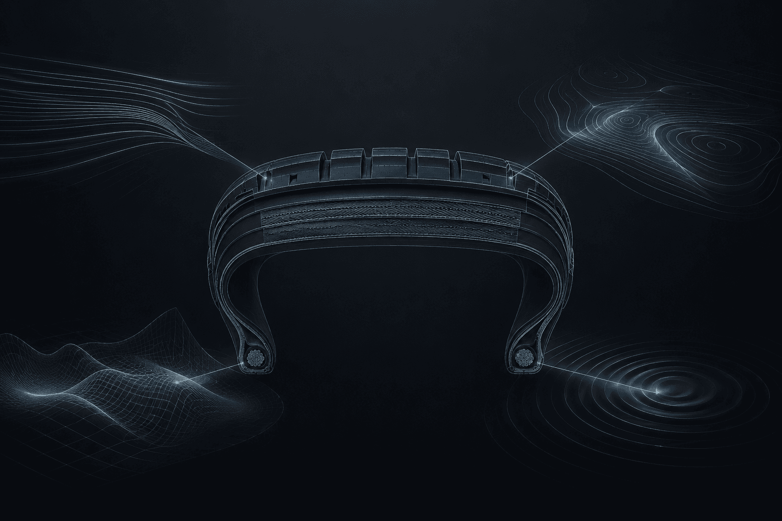 Tyre cross-section rendered as a data wireframe with performance terrain, representing tAIre Forge