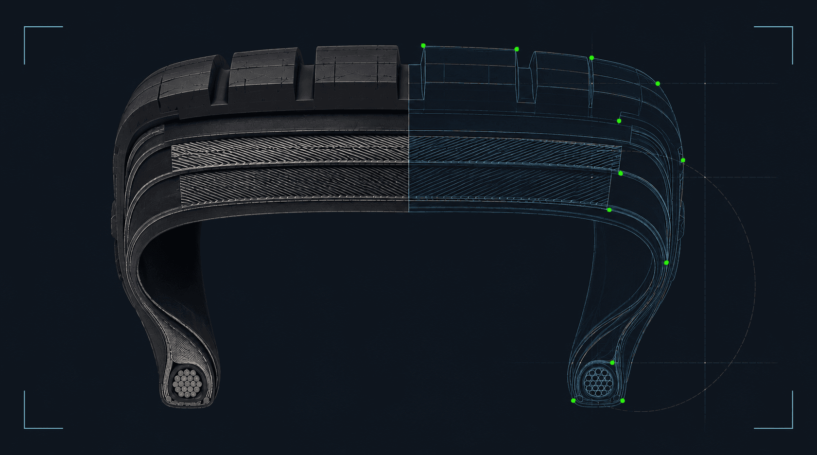 Tyre cross-section with scan reticle markers, representing tAIre Section Scanner